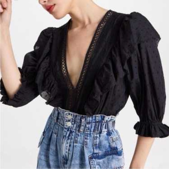 Farm Rio Plunging V-Neck Black Swiss Dot  Ruffled Eyelet Blouse bodysuit Size M - Picture 15 of 16